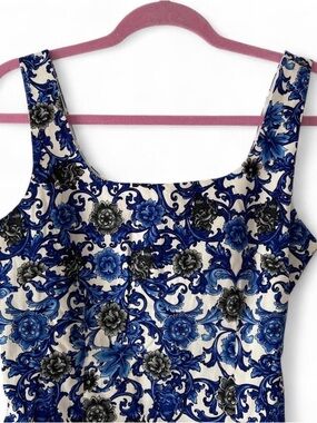 Premise Blue White Floral Damask Sheath Dress Size 4 NWT Belted Boho Career